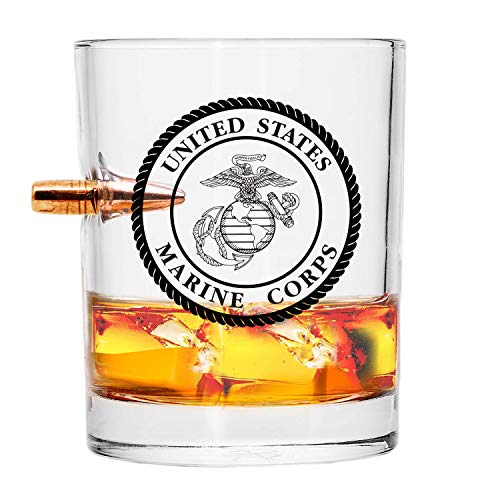 Officially Licensed USMC Whiskey Glass – Hand Blown Glasses – Real Projectile – Marine Corps Gifts – 8 Oz.