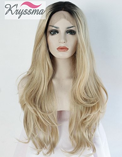 K’ryssma Ombre Blonde Synthetic Lace Front Wigs For Black Women,2 Tone Color Black Roots Long Natural Wavy Heat Resistant Synthetic Hair Replacement Wig Halloween Half Hand Tied 24 inches