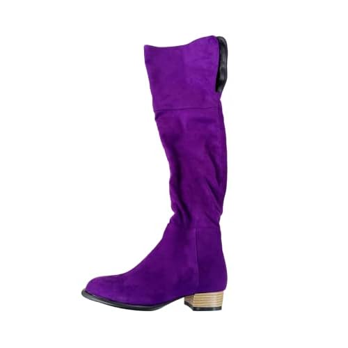Frankie Hsu Sexy Unisex Flat Chunky Block Over Knee Thigh High Long Boots, Purple Suede Cute Fashion Style, Big Large Size Punk Shoes For Women Men