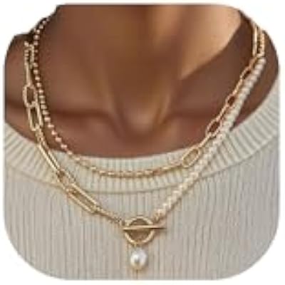Gold Layered Pearl Chain Necklace for Women, 14K Gold Plated Pearl Link Toggle Clasp Necklace, Dainty Trendy Layered Choker Chunky Jewelry Fashion Gift for Women
