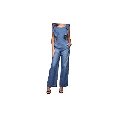 Womens Ruffle Denim Jumpsuit with Open Tie Back