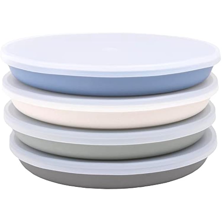 WeeSprout Bamboo Plates with Silicone Lids, Set of 4, Kid-Sized Dinnerware, Cereal, Leftovers & Snacks, Dishwasher Safe Melamine Dishware Blue, Green, Gray, Beige