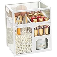 MOOCHI White Vintage Glass Cosmetic Multifunctional Makeup Organizer with Pearls Dustproof Cosmetics Storage Display Case For Brushes Lipsticks