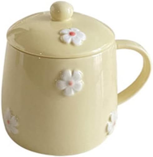 Coffee Mugs Ceramic Mug Household Tea Cup Korean Milk Cup Hand-painted Daisy With Lid Cup Can Be Microwaved Mug Set (Color : Yellow)