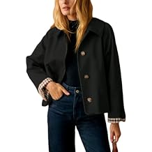 Yeokou Women Oversize Trench Coat Plaid Lining Lapel Button Down Casual Crop Jacket Outwear with Pockets
