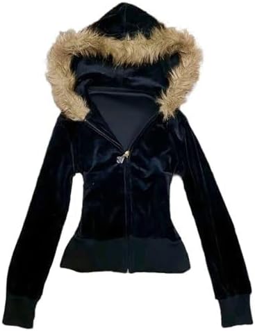 RICHTRUE Vintage Fur Hood Jacket Fitted Zip Up Hoodie Women Grunge Emo Sweatshirt Y2k Cute Winter Coat Streetwear Jacket