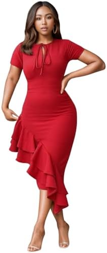 WUSENST Women Bodycon Short Sleeve Ruffle Irregularly Hem Dress Party Work Church Dress for Women