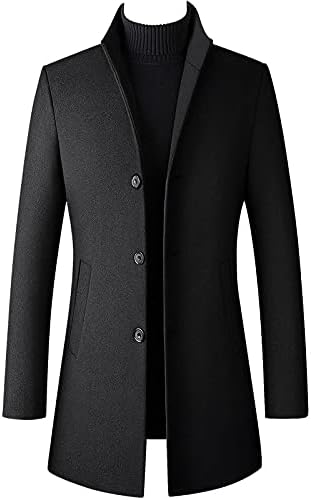 Men's Single Breasted Wool Blend Mid-Length Top Coat Business Pea Overcoat