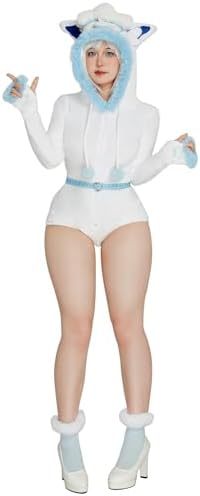 Mobbunny Womens Anime Cosplay Costume Fluffy Romper Onesie Pajamas White Blue Furry Hooded Bodysuit Bodycon Sleepwear