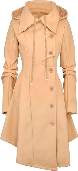 QZUnique Long Trench Pea Coat for Women - Wool Winter Trench Coat Goth Lapel Peacoat Outwear Thick Hood Pea Jacket Trenchcoat