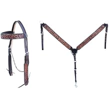 CHALLENGER Horse Western Floral Tooled Laced Browband Tack Set Bridle Headstall Breast Collar 78HR04B