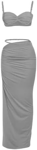 Women's Two Piece Skirt Sets Summer Beach Sexy Ruched Backless Cami Top And Cut Out Skirt Night Out Dress