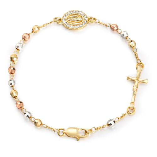 Catholic Crucifix Gifts Rosary Bracelet for Women-14K gold plated Virgin Mary Jesus Cross Charm Link Chain, Dainty Virgen de Guadalupe Religious Gift for Confirmation Baptism First Communion Easter