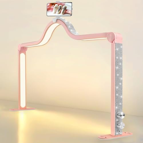 Kalolary Half Moon Light for Nail Desk, Foldable Arch Light Nail Techs Lamp with Phone Holder, 3000-6000K Brightness Adjustable LED Lash for Beauty, Eyelashes, TattoosCrystal Diamond,Pink