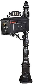 GSI 411K Black Mailbox & Post System | Black Rust-Resistant Aluminum Mailbox with Address Plate, Numbers, Decorative Scroll & Mounting Hardware Powder Coated - Durable & Stylish Outdoor Mailbox