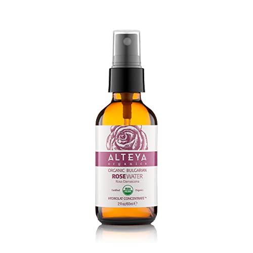 Alteya Organics Rose Water USDA Certified Organic Facial Toner, 2 Fl Oz60mL Pure Bulgarian Rosa Damascena Flower Water, Award-Winning Moisturizer Amber Glass Spray Bottle
