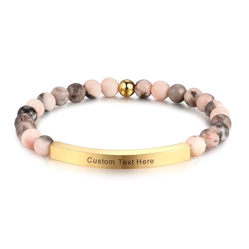MeMeDIY Personalized Bracelets for Women Natural Stone Stretch Bracelet Stainless Steel Bar Engraved Name Inspirational Message 7.5 Beaded Stretch Bracelet