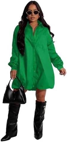 Women's Button-Down Shirt Dress Loose A-Line Midi Shift Long Sleeve Puffy Dresses