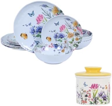 12 Piece Melamine Dinnerware Sets - Flower and Butterfly Design- Butter Crock with Yellow Lid for Countertop - Spring Camping Dishs Indoor Outdoor Use