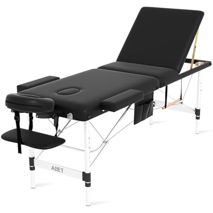 ABET Massage Table, 3 Fold Portable Professional Lash Tattoo Spa Bed, Height Adjustable 23.5 Wide Compact Facial Table with Detachable Oil Pocket Towel Rod Face Cradle Armrest, Aluminum Feet & Black
