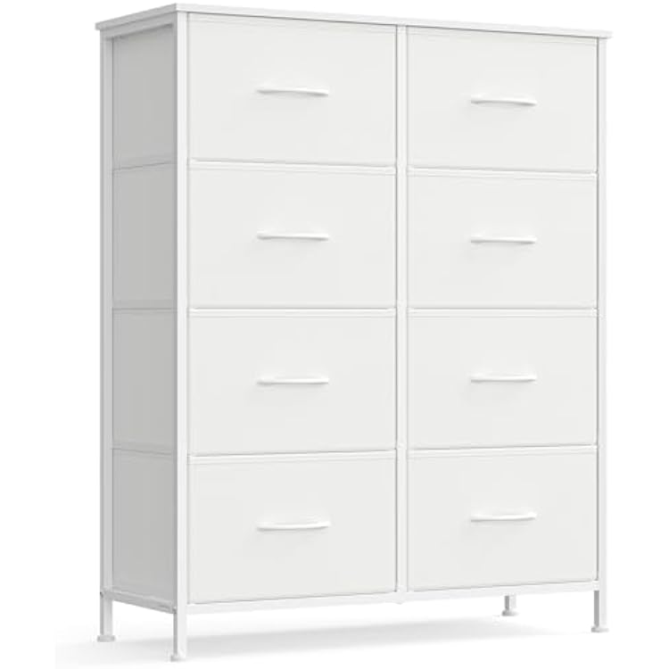 SONGMICS Dresser for Bedroom, Chest of Drawers, Steel, MDF, 8 Non-Woven Fabric Drawers, Storage Organizer Unit, Closet, Entryway, Cloud White and Snow White ULGS124W01S
