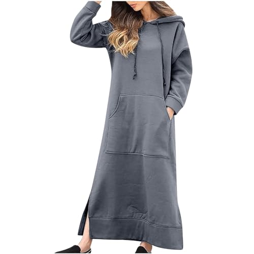 Women Hooded Maxi Dress Casual Loose Sweatshirt Long Dress Winter Fall Drawstring Slit Hoodie Dresses with Pocket