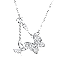 Diamond Butterfly Necklace for Women - White Gold Plated Necklace with Real Diamonds - 16"+2" Chain - Unique Jewelry Gift for Women Wife Girlfriend