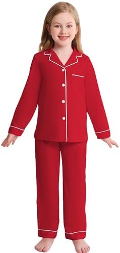 Veseacky Girls Pajamas Sets 100% Cotton PJ ButtonDown Long Sleeve 2 Piece Pajamas Set Boys Girls Pjs for Ages 5-14 120-160