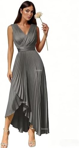Roxanne Tea Length Bridesmaid Dresses for Women Satin Hi-Lo Prom Dresses Sleeveless Pleated Evening Gowns with Slit