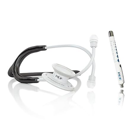 MDF Instruments MD One Stainless Steel Stethoscope, Adult, White/Black Tube + LUMiNiX Medical Professional Penlight