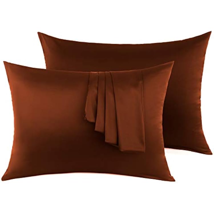 100% Silk Pillow Cases 2 Pack, Mulberry Silk Pillowcase for Hair and Skin with Hidden Zipper, Soft Breathable Smooth Cooling Silk Pillowcase for Sleeping Women Chocolate, Standard
