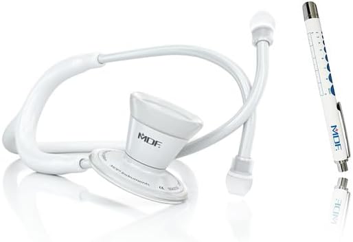MDF Instruments ProCardial Cardiology Stethoscope, Stainless Steel, Adult, Dual Head, White Tube + LUMiNiX Medical Professional Penlight