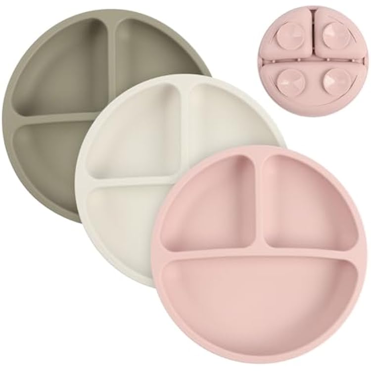 light-weight 100% Silicone Suction Toddler Plates Food-grade safe Divided Design PBA & PVC free Microwave and Dishwasher safe Baby Weaning 3 Pack Mate Green, Off White, Pink