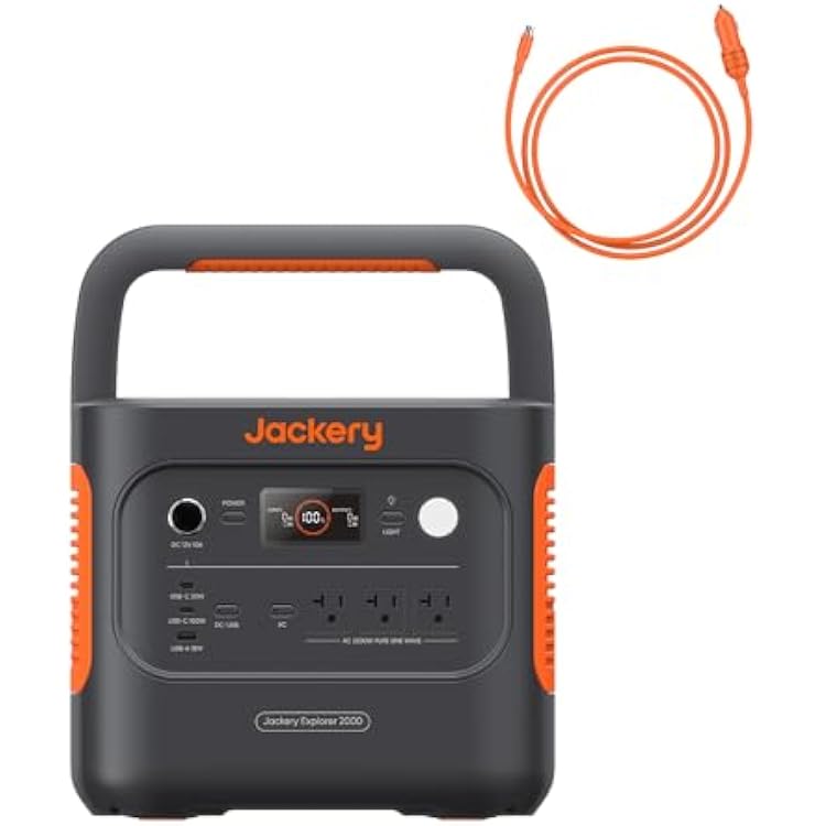 Jackery Explorer 2000 v2 Portable Power Station with Car Charging Cable, 2042Wh LiFePO4 Battery, 2200W Solar Generator, USB-C PD 100W Fast Charging for Camping, Home UseSolar Panel Optional