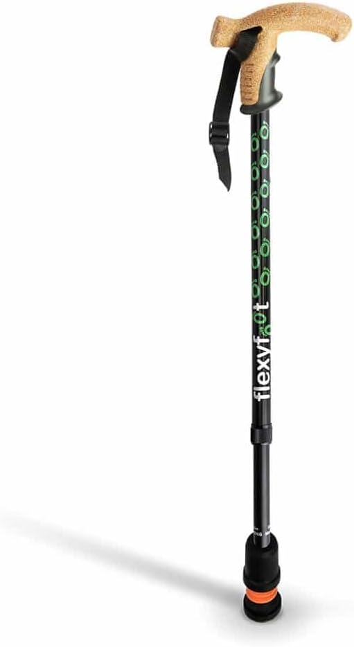 Flexyfoot Shock Absorbing Cork Handle Walking Stick - Black - Improves Safety, Improves Grip, Reduces Shocks & Jarring