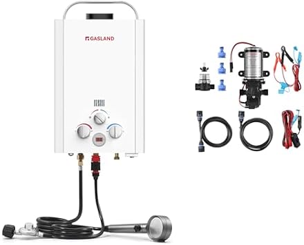 Tankless Water Heater, GASLAND BE158 1.58GPM 6L Outdoor Portable Gas Water Heater, 12V 1.6GPM Water Pump Kit