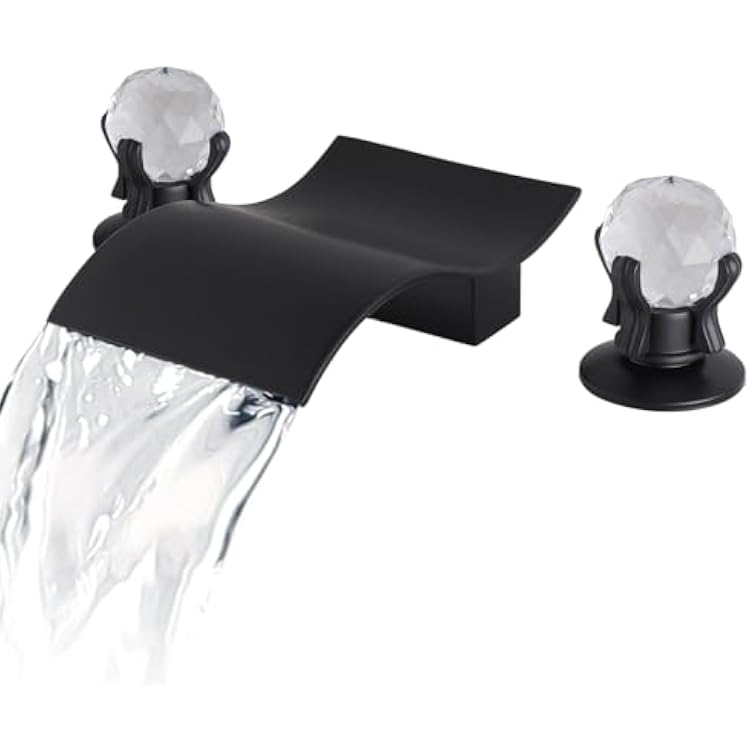 Matte Black Bathroom Faucet 3-Hole 8 Inch, Waterfall Spout Bathroom Sink Faucet with 2 Crystal Handles, Modern Lavatory Vanity Faucet for Commercial & Residential Bathroom