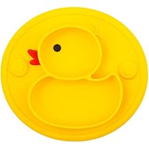Baby Divided Plate Silicone- Portable Non Slip Child Feeding Plate with Suction Cup for Children Babies and Kids BPA Free Baby Dinner Plate Microwave Dishwasher Safe ... (Duck-Blue)