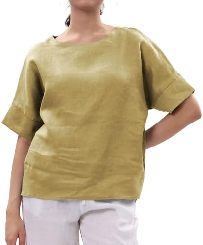 Amazhiyu Womens 100% Linen Tops Crewneck Short Sleeve Blouses Casual Summer