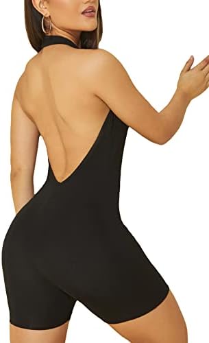 WDIRARA Womens Stretchy Deep V Neck Halter Backless Shorts Bodysuit Workout Athletic Unitard Romper