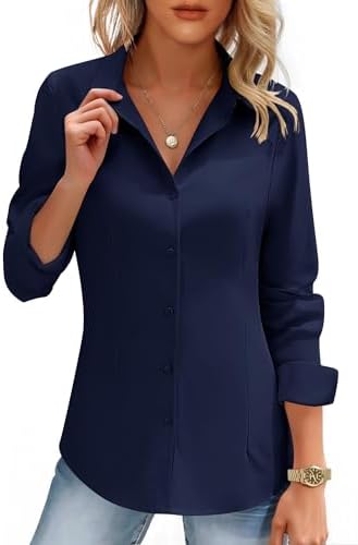 HOTOUCH Womens Button Down Shirts Long Sleeve Dress Shirt Slim Fitted Work Tops Collared Dressy Casual Business Blouses