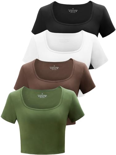 Kole Meego Square Neck Crop Tops for Women Workout Tops Trendy Going Out Tops Gym Summer Shirts 4 Pack