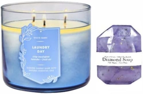 White Barn Bath & Body Works - 3-Wick Scented Candle 14.5 OZ Burns 25-45 Hours and Diamond Soap (Laundry Day)