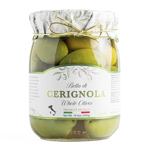 Giusto Sapore Italian Green Bella Di Cerignola Olives - Whole - Premium Gourmet GMO Free - Imported from Italy and Family Owned - 19.4oz