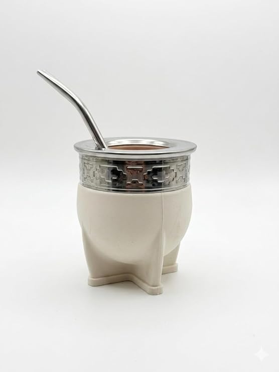 Mate Imperial Argentino Kit Mate, Taza de te, With Straw Tea Gourd Mug One Bombilla (Straw), Wrapped Handmade Leather Ideal for Gift and Travel (small) (White)