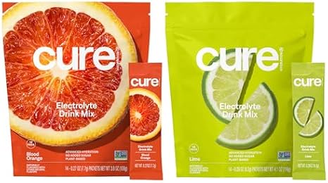 Cure Hydration Bundle | Plant-Based Electrolyte Drink Mix | No Added Sugar | FSA-HSA | Dehydration Relief Powder Made with Coconut Water | Vegan | 28 Packets - Blood Orange & Lime