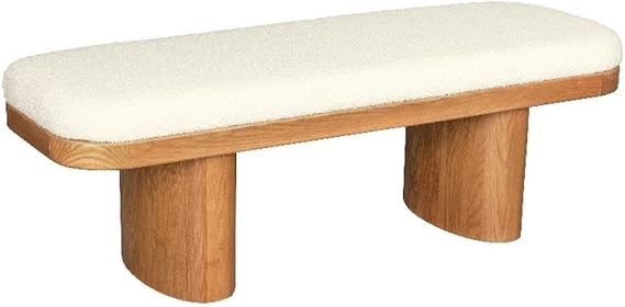 MAKLAINE Upholstered Wooden Bench, 48" W x 16.5" D x 16" H, Textured Boucle Fabric, Natural Ash Wood Finish, Handmade Design, Mid-Century Style, Living Room Seating