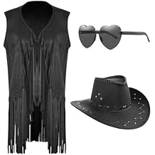 Cowgirl Outfits for Women 60s 70s Hippie Sleeveless Fringe Vest with Cowboy Hat and Sunglasses Halloween Costumes