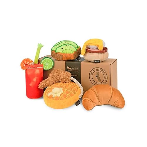 P.L.A.Y. Cute Plush Dog Toys - Brunch Breakfast Food Themed Durable Squeaker Chew Toys, Great for Puppies & Small, Medium, Large Dogs - Machine Washable, Recycled Materials 5 Piece Set, X-Small