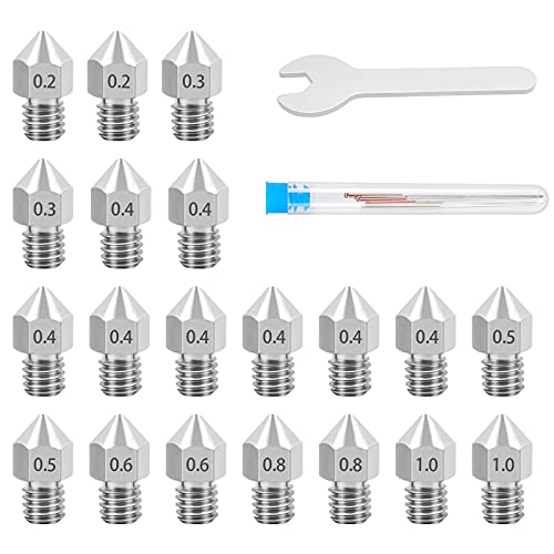 3D Printer Nozzles, 20PCS Stainless Steel MK8 Extruder Nozzles 0.2mm, 0.3mm, 0.4mm, 0.5mm, 0.6mm, 0.8mm, 1.0mm with Cleaning Tool Kit for Ender 3 kingroon Aquila Creality CR-10